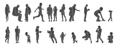 Vektör siluetleri, insanların ana hatları, Contour çizimleri, insanların siluetleri, ikon kümesi izole edilmiş, oturan insanların silueti, mimari set