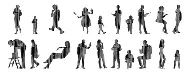 Vektör siluetleri, insanların ana hatları, Contour çizimleri, insanların siluetleri, ikon kümesi izole edilmiş, oturan insanların silueti, mimari set