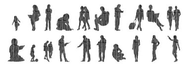 Vektör siluetleri, insanların ana hatları, Contour çizimleri, insanların siluetleri, ikon kümesi izole edilmiş, oturan insanların silueti, mimari set