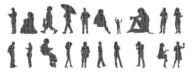 Vektör siluetleri, insanların ana hatları, Contour çizimleri, insanların siluetleri, ikon kümesi izole edilmiş, oturan insanların silueti, mimari set