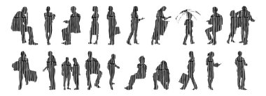 Vektör siluetleri, insanların ana hatları, Contour çizimleri, insanların siluetleri, ikon kümesi izole edilmiş, oturan insanların silueti, mimari set