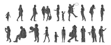 Vektör siluetleri, insanların ana hatları, Contour çizimleri, insanların siluetleri, ikon kümesi izole edilmiş, oturan insanların silueti, mimari set