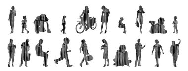 Vektör siluetleri, insanların ana hatları, Contour çizimleri, insanların siluetleri, ikon kümesi izole edilmiş, oturan insanların silueti, mimari set