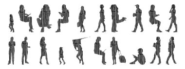 Vektör siluetleri, insanların ana hatları, Contour çizimleri, insanların siluetleri, ikon kümesi izole edilmiş, oturan insanların silueti, mimari set