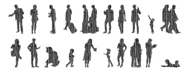 Vektör siluetleri, insanların ana hatları, Contour çizimleri, insanların siluetleri, ikon kümesi izole edilmiş, oturan insanların silueti, mimari set