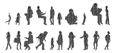 Vektör siluetleri, insanların ana hatları, Contour çizimleri, insanların siluetleri, ikon kümesi izole edilmiş, oturan insanların silueti, mimari set