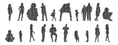 Vektör siluetleri, insanların ana hatları, Contour çizimleri, insanların siluetleri, ikon kümesi izole edilmiş, oturan insanların silueti, mimari set