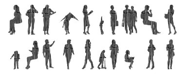 Vektör siluetleri, insanların ana hatları, Contour çizimleri, insanların siluetleri, ikon kümesi izole edilmiş, oturan insanların silueti, mimari set