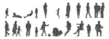 Vektör siluetleri, insanların ana hatları, Contour çizimleri, insanların siluetleri, ikon kümesi izole edilmiş, oturan insanların silueti, mimari set