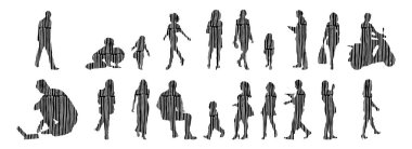 Vektör siluetleri, insanların ana hatları, Contour çizimleri, insanların siluetleri, ikon kümesi izole edilmiş, oturan insanların silueti, mimari set