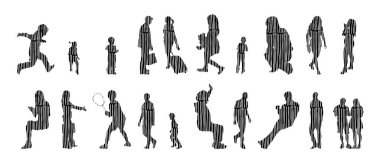 Vektör siluetleri, insanların ana hatları, Contour çizimleri, insanların siluetleri, ikon kümesi izole edilmiş, oturan insanların silueti, mimari set