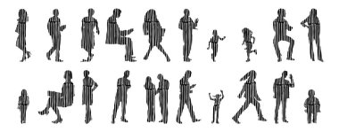 Vektör siluetleri, insanların ana hatları, Contour çizimleri, insanların siluetleri, ikon kümesi izole edilmiş, oturan insanların silueti, mimari set