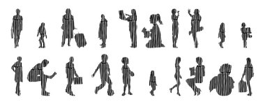 Vektör siluetleri, insanların ana hatları, Contour çizimleri, insanların siluetleri, ikon kümesi izole edilmiş, oturan insanların silueti, mimari set