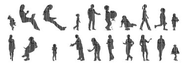 Vektör siluetleri, insanların ana hatları, Contour çizimleri, insanların siluetleri, ikon kümesi izole edilmiş, oturan insanların silueti, mimari set