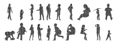 Vektör siluetleri, insanların ana hatları, Contour çizimleri, insanların siluetleri, ikon kümesi izole edilmiş, oturan insanların silueti, mimari set