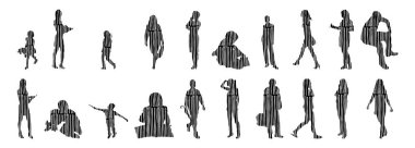 Vektör siluetleri, insanların ana hatları, Contour çizimleri, insanların siluetleri, ikon kümesi izole edilmiş, oturan insanların silueti, mimari set