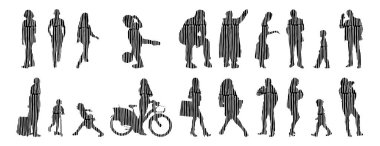 Vektör siluetleri, insanların ana hatları, Contour çizimleri, insanların siluetleri, ikon kümesi izole edilmiş, oturan insanların silueti, mimari set