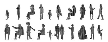 Vektör siluetleri, insanların ana hatları, Contour çizimleri, insanların siluetleri, ikon kümesi izole edilmiş, oturan insanların silueti, mimari set