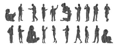 Vektör siluetleri, insanların ana hatları, Contour çizimleri, insanların siluetleri, ikon kümesi izole edilmiş, oturan insanların silueti, mimari set