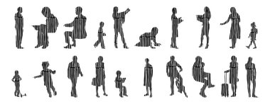 Vektör siluetleri, insanların ana hatları, Contour çizimleri, insanların siluetleri, ikon kümesi izole edilmiş, oturan insanların silueti, mimari set