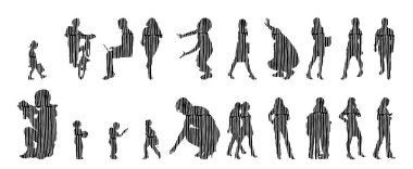 Vektör siluetleri, insanların ana hatları, Contour çizimleri, insanların siluetleri, ikon kümesi izole edilmiş, oturan insanların silueti, mimari set