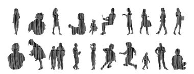 Vektör siluetleri, insanların ana hatları, Contour çizimleri, insanların siluetleri, ikon kümesi izole edilmiş, oturan insanların silueti, mimari set