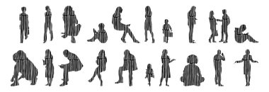 Vektör siluetleri, insanların ana hatları, Contour çizimleri, insanların siluetleri, ikon kümesi izole edilmiş, oturan insanların silueti, mimari set