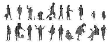 Vektör siluetleri, insanların ana hatları, Contour çizimleri, insanların siluetleri, ikon kümesi izole edilmiş, oturan insanların silueti, mimari set