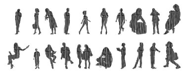 Vektör siluetleri, insanların ana hatları, Contour çizimleri, insanların siluetleri, ikon kümesi izole edilmiş, oturan insanların silueti, mimari set