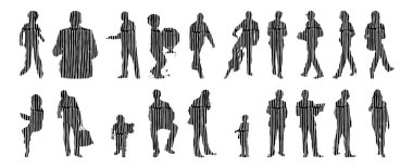 Vektör siluetleri, insanların ana hatları, Contour çizimleri, insanların siluetleri, ikon kümesi izole edilmiş, oturan insanların silueti, mimari set