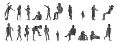 Vektör siluetleri, insanların ana hatları, Contour çizimleri, insanların siluetleri, ikon kümesi izole edilmiş, oturan insanların silueti, mimari set