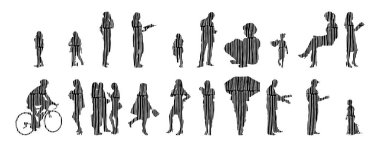 Vektör siluetleri, insanların ana hatları, Contour çizimleri, insanların siluetleri, ikon kümesi izole edilmiş, oturan insanların silueti, mimari set