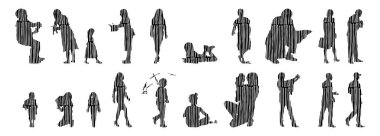 Vektör siluetleri, insanların ana hatları, Contour çizimleri, insanların siluetleri, ikon kümesi izole edilmiş, oturan insanların silueti, mimari set