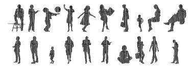 Vektör siluetleri, insanların ana hatları, Contour çizimleri, insanların siluetleri, ikon kümesi izole edilmiş, oturan insanların silueti, mimari set