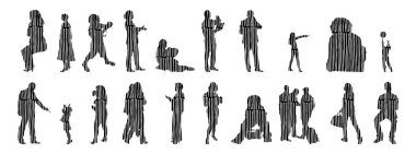 Vektör siluetleri, insanların ana hatları, Contour çizimleri, insanların siluetleri, ikon kümesi izole edilmiş, oturan insanların silueti, mimari set