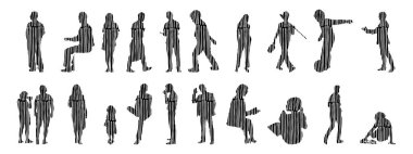 Vektör siluetleri, insanların ana hatları, Contour çizimleri, insanların siluetleri, ikon kümesi izole edilmiş, oturan insanların silueti, mimari set