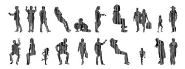 Vektör siluetleri, insanların ana hatları, Contour çizimleri, insanların siluetleri, ikon kümesi izole edilmiş, oturan insanların silueti, mimari set