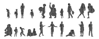 Vektör siluetleri, insanların ana hatları, Contour çizimleri, insanların siluetleri, ikon kümesi izole edilmiş, oturan insanların silueti, mimari set