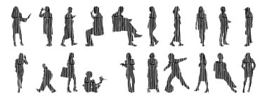 Vektör siluetleri, insanların ana hatları, Contour çizimleri, insanların siluetleri, ikon kümesi izole edilmiş, oturan insanların silueti, mimari set