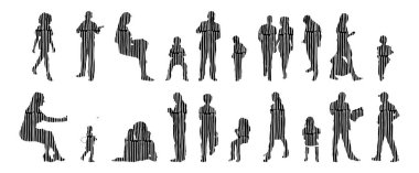 Vektör siluetleri, insanların ana hatları, Contour çizimleri, insanların siluetleri, ikon kümesi izole edilmiş, oturan insanların silueti, mimari set