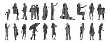 Vektör siluetleri, insanların ana hatları, Contour çizimleri, insanların siluetleri, ikon kümesi izole edilmiş, oturan insanların silueti, mimari set