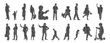 Vektör siluetleri, insanların ana hatları, Contour çizimleri, insanların siluetleri, ikon kümesi izole edilmiş, oturan insanların silueti, mimari set