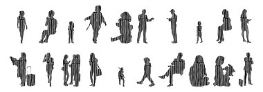 Vektör siluetleri, insanların ana hatları, Contour çizimleri, insanların siluetleri, ikon kümesi izole edilmiş, oturan insanların silueti, mimari set