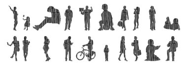 Vektör siluetleri, insanların ana hatları, Contour çizimleri, insanların siluetleri, ikon kümesi izole edilmiş, oturan insanların silueti, mimari set