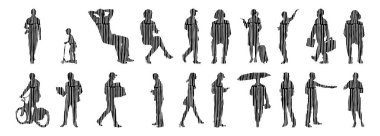 Vektör siluetleri, insanların ana hatları, Contour çizimleri, insanların siluetleri, ikon kümesi izole edilmiş, oturan insanların silueti, mimari set