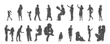 Vektör siluetleri, insanların ana hatları, Contour çizimleri, insanların siluetleri, ikon kümesi izole edilmiş, oturan insanların silueti, mimari set