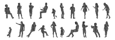 Vektör siluetleri, insanların ana hatları, Contour çizimleri, insanların siluetleri, ikon kümesi izole edilmiş, oturan insanların silueti, mimari set