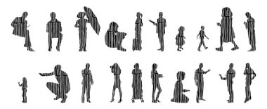 Vektör siluetleri, insanların ana hatları, Contour çizimleri, insanların siluetleri, ikon kümesi izole edilmiş, oturan insanların silueti, mimari set