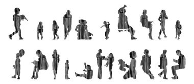 Vektör siluetleri, insanların ana hatları, Contour çizimleri, insanların siluetleri, ikon kümesi izole edilmiş, oturan insanların silueti, mimari set