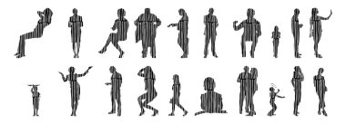 Vektör siluetleri, insanların ana hatları, Contour çizimleri, insanların siluetleri, ikon kümesi izole edilmiş, oturan insanların silueti, mimari set